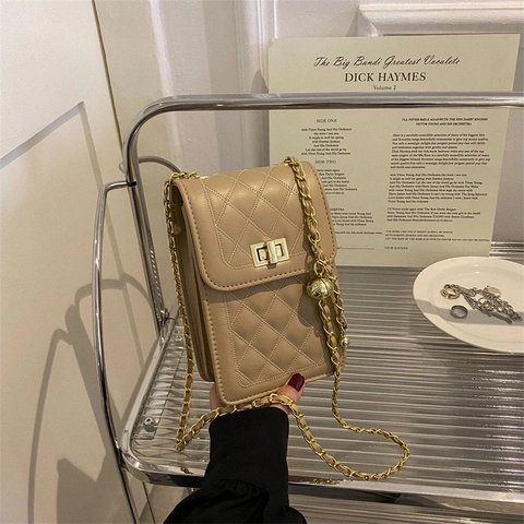 Fashion PU Leather Quilted Rhombic Lattice Chain Phone Bag Vertical Square Crossbody Bag With Metal Ball Adjuster For Women