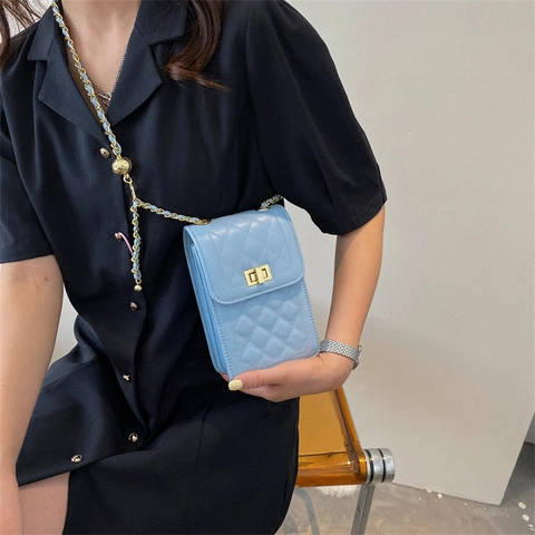 Fashion PU Leather Quilted Rhombic Lattice Chain Phone Bag Vertical Square Crossbody Bag With Metal Ball Adjuster For Women