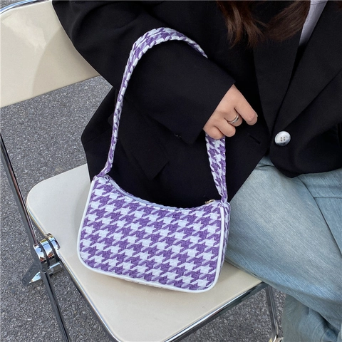 Dames Vintage Hahnentritt Patroon Okseltas Schoudertas PU Leer Retro Kleine Vierkante Handtas Casual Street Fashion Rits Hobo Tas