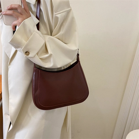 Retro Hobo Shoulder Bag PU Leather Half Moon Shape Minimalist Solid Color Underarm Bag For Women Daily Casual Urban Style Trendy
