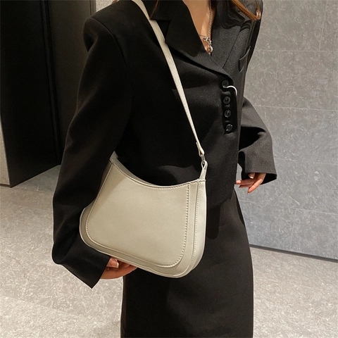 Retro Hobo Shoulder Bag PU Leather Half Moon Shape Minimalist Solid Color Underarm Bag For Women Daily Casual Urban Style Trendy