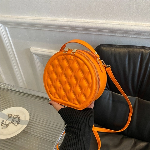 Bolso Bandolera Redondo Acolchado Minimalista Cuero PU Patrón Rombos Bolso De Mano Tendencia Color Sólido Para Mujeres