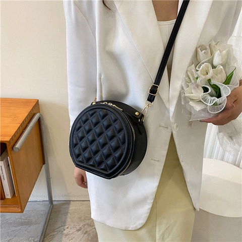 Bolso Bandolera Redondo Acolchado Minimalista Cuero PU Patrón Rombos Bolso De Mano Tendencia Color Sólido Para Mujeres