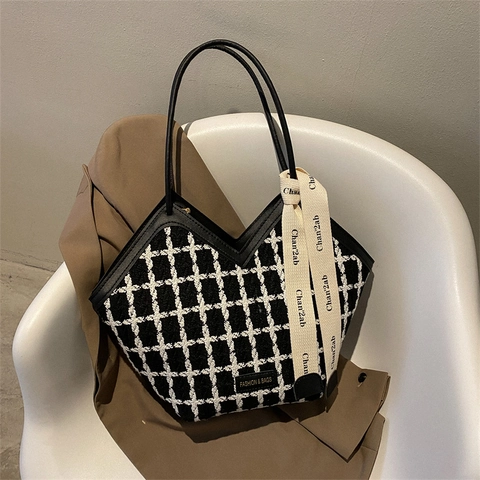 Damen Tweed Karo Tote Bag V-Ausschnitt Große Kapazität Schulter Handtasche Mit Dekorativem Band Schal Elegant