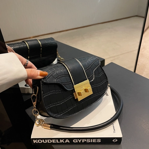Vintage PU-Leren Crossbodytas Voor Dames Krokodillenpatroon Modieuze Schoudertas Met Ketting En Goudkleurig Metalen Slot Handtas