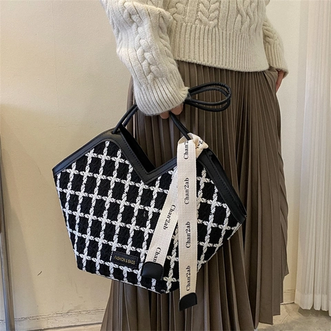 Damen Tweed Karo Tote Bag V-Ausschnitt Große Kapazität Schulter Handtasche Mit Dekorativem Band Schal Elegant