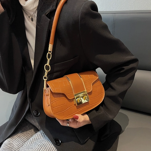 Damen Satteltasche Mit Krokodilmuster Vintage PU Leder Umhängetasche Mit Goldenem Schloss Und Kettenträger Trendy