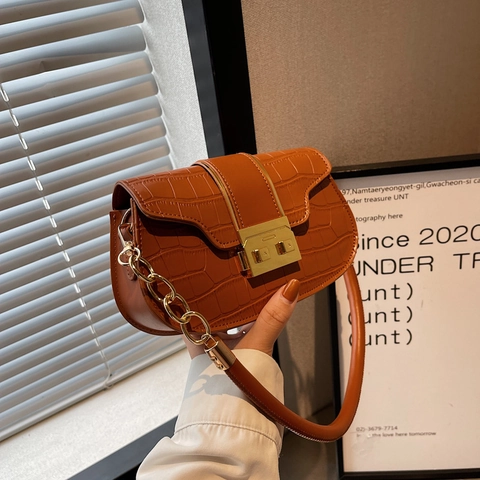 Damen Satteltasche Mit Krokodilmuster Vintage PU Leder Umhängetasche Mit Goldenem Schloss Und Kettenträger Trendy