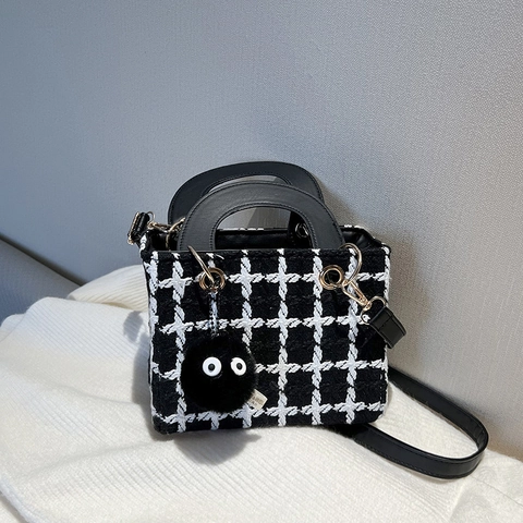 Women's Retro Tweed Checkered Shoulder Bag With Plush Pendant Fashion Nylon Square Handbag Adjustable Strap Crossbody Bag