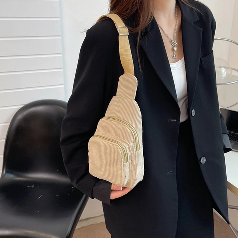 Bolso De Pecho De Pana Para Mujer Retro Color Sólido Riñonera Multi Bolsillos Correa Ajustable Bolso Bandolera