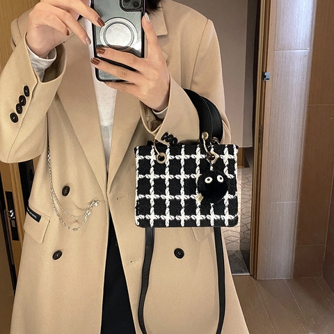 Elegante Borsa A Mano In Tweed Da Donna Retro A Quadri Manico Superiore Spalla Tracolla Moda Casual Mini Borsa Quadrata