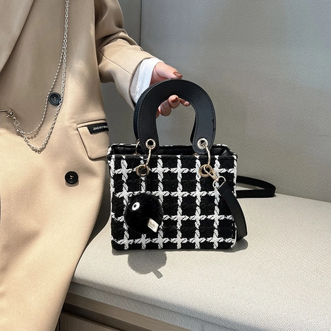 Elegante Borsa A Mano In Tweed Da Donna Retro A Quadri Manico Superiore Spalla Tracolla Moda Casual Mini Borsa Quadrata