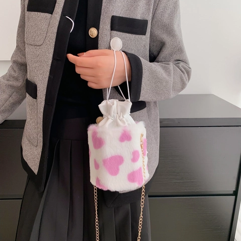 Borsa Secchiello In Peluche Motivo Cuore Stampa Mucca Piccola Borsa Tracolla Con Catena Coulisse Per Donna