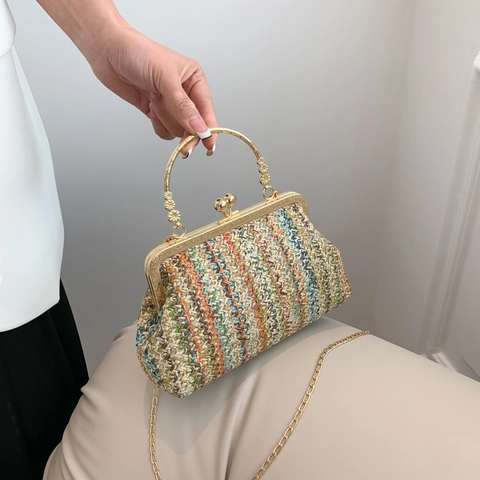 Dames Retro PP Geweven Schelp Schoudertas Veelkleurig Zigzag Patroon Handtas Met Metalen Handvat En Kettingriem Strandvakantie Crossbody Tas