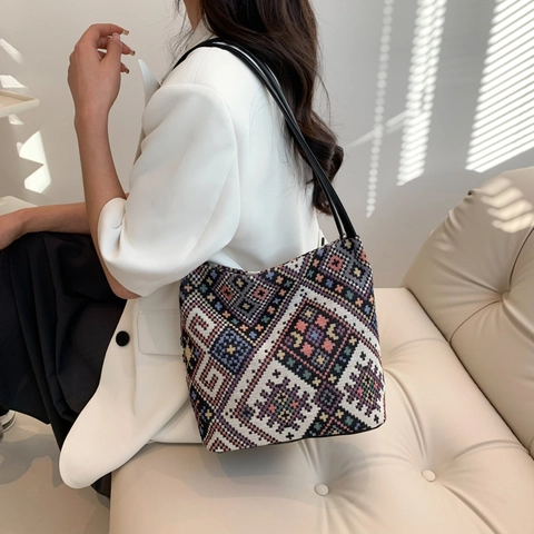 Ethnische Geometrische Webart Leinwand Eimer Tasche Große Kapazität Retro Boho Schulter Handtasche Für Damen