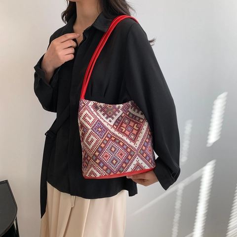 Ethnische Geometrische Webart Leinwand Eimer Tasche Große Kapazität Retro Boho Schulter Handtasche Für Damen