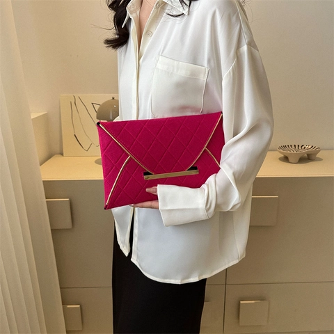 Women Fashion Quilted Felt Envelope Clutch Bag With Gold Metal Trim Minimalist Square Handbag For Banquet Wedding Party