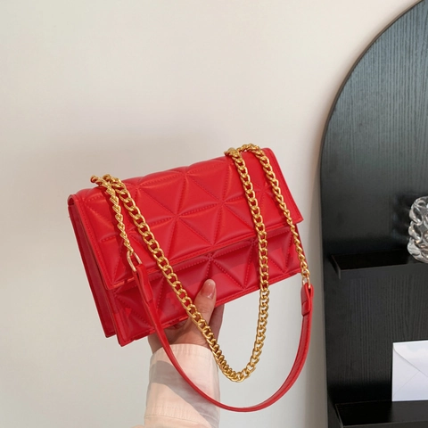 Women Trendy PU Leather Triangle Quilting Small Square Bag With Chunky Gold Chain Strap Fashion Crossbody Shoulder Bag