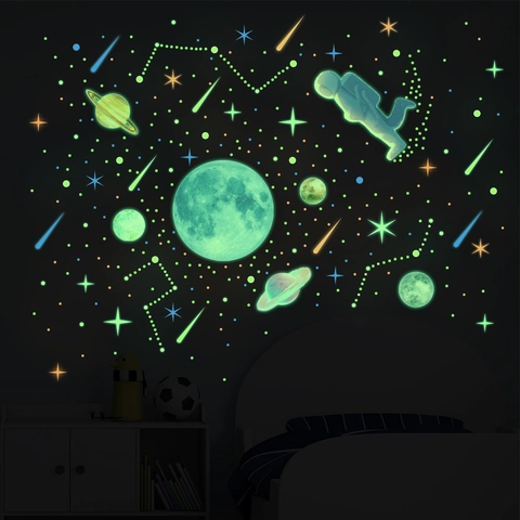 Glow In The Dark Space Wall Stickers PVC Luminous Astronaut Moon Stars Planets Decals For Kids Bedroom Nursery Room Decor