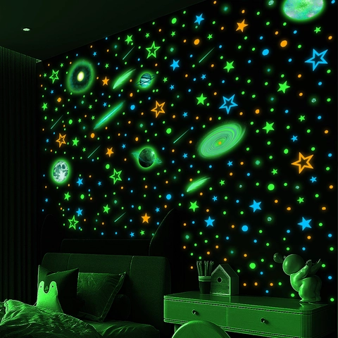Adesivi Murali Fluorescenti PVC Cielo Stellato Luna Stelle Pianeti Per Camera Dei Bambini Decorazione Removibile