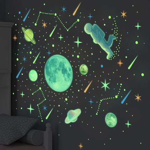 Glow In The Dark Space Wall Stickers PVC Luminous Astronaut Moon Stars Planets Decals For Kids Bedroom Nursery Room Decor