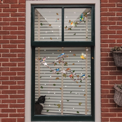 Statische Fensteraufkleber Vögel Auf Verschneiten Zweigen PVC Doppelseitig Sichtbar Abnehmbare Glasaufkleber Winter