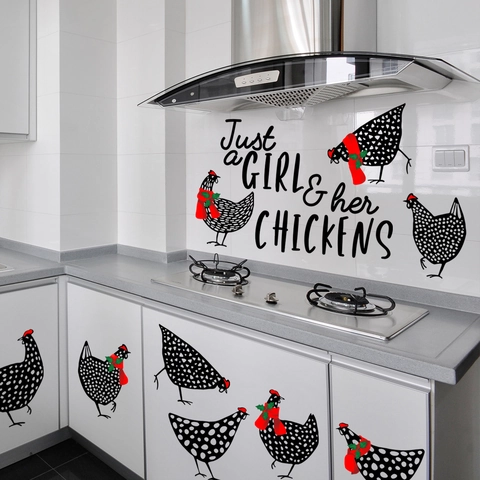 Removable PVC Wall Sticker Cartoon Polka Dot Chicken Pattern Art Decal Just A Girl And Her Chickens Kitchen Home Decoration