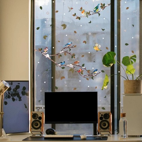 Statische Fensteraufkleber Vögel Auf Verschneiten Zweigen PVC Doppelseitig Sichtbar Abnehmbare Glasaufkleber Winter