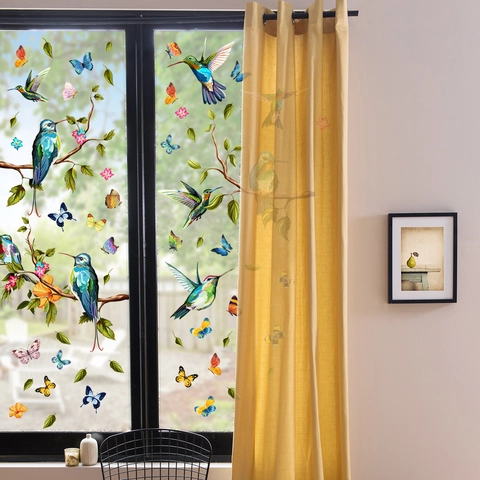 Adesivi Statici Per Finestre Colibrì Farfalla PVC Pellicola Vetro Doppia Faccia Decorazione Ramo Fiore Uccello