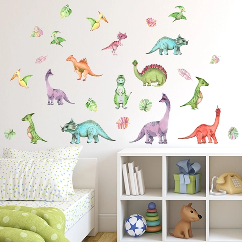 Watercolor Cartoon Dinosaur Wall Stickers Set For Kids Room PVC Removable Tropical Leaf Animal Wall Decals Nursery Playroom Decor