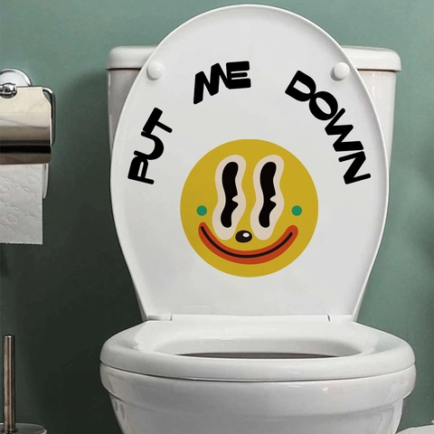Dessin Animé Visage Souriant Put Me Down Sticker de Toilette PVC Imperméable Amovible Décoration de Salle de Bain Minimaliste