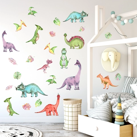Watercolor Cartoon Dinosaur Wall Stickers Set For Kids Room PVC Removable Tropical Leaf Animal Wall Decals Nursery Playroom Decor