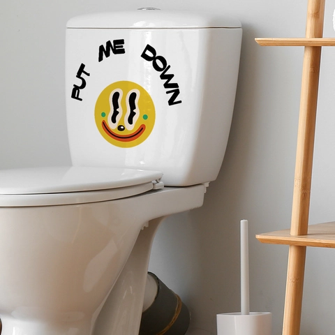 Dessin Animé Visage Souriant Put Me Down Sticker de Toilette PVC Imperméable Amovible Décoration de Salle de Bain Minimaliste
