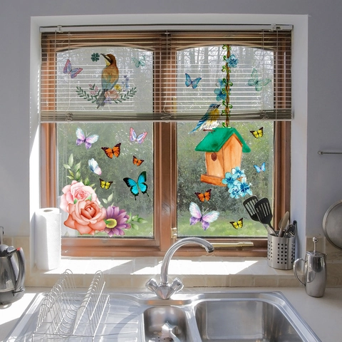 Watercolor Flower Butterfly Bird Birdhouse Static Cling Window Sticker Double Sided Visible PVC Decorative Wall Decal For Home Kitchen Decoration