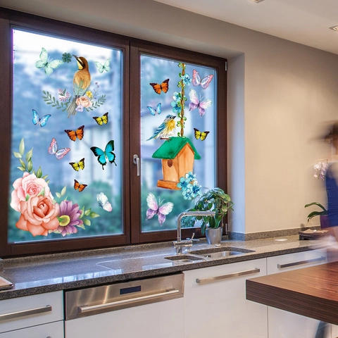 Watercolor Flower Butterfly Bird Birdhouse Static Cling Window Sticker Double Sided Visible PVC Decorative Wall Decal For Home Kitchen Decoration