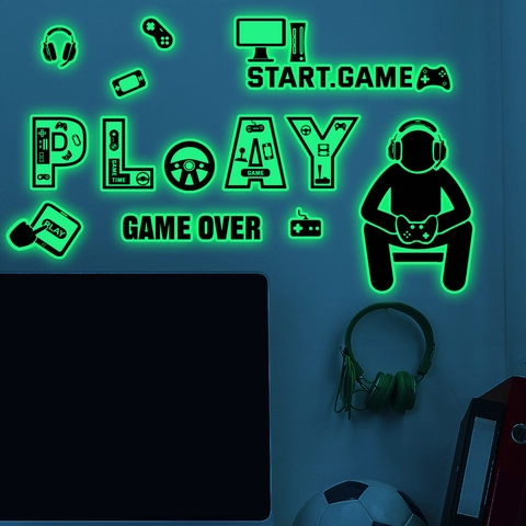 Luminous Game Wall Stickers Glow In The Dark PVC Gamepad Headset Decals For Gaming Room Bedroom Decor Self Adhesive