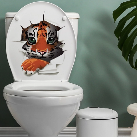 Adesivo Per WC Tigre 3D Removibile PVC Decalcomania Da Parete Bagno Effetto Buco Animale Realistico Decorazione Casa Impermeabile