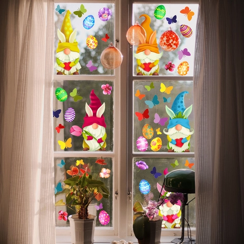 Easter Window Static Stickers PVC Bunny Gnomes Eggs Butterflies Flowers Cling Decals Glass Fridge Holiday Decor