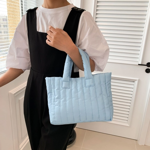 Vertical Quilted Puffy Tote Bag Nylon Cotton Padded Handbag Solid Color Large Capacity Casual Shoulder Bag For Women