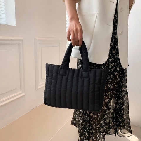 Vertical Quilted Puffy Tote Bag Nylon Cotton Padded Handbag Solid Color Large Capacity Casual Shoulder Bag For Women