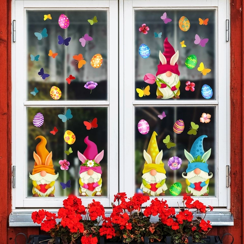Easter Window Static Stickers PVC Bunny Gnomes Eggs Butterflies Flowers Cling Decals Glass Fridge Holiday Decor