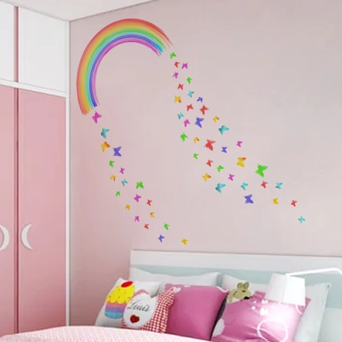 Pegatinas de Pared Coloridas de Arcoíris Y Mariposas PVC Impermeable Calcomanías Removibles Para Habitación Infantil Decoración