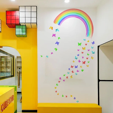 Pegatinas de Pared Coloridas de Arcoíris Y Mariposas PVC Impermeable Calcomanías Removibles Para Habitación Infantil Decoración