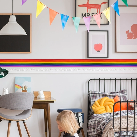 Autocollant Mural Bordure Rayures Arc-en-Ciel Auto-adhésif PVC Imperméable Décoration Pour Chambre D'enfant Salon Coloré