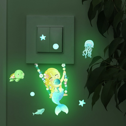 Luminous Mermaid Fairy Wall Stickers Glow In The Dark Ocean Sea Creatures Stars Moon Self Adhesive Wall Decor For Kids Room