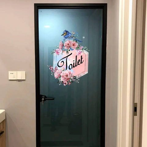 Pegatinas De Pared Letrero Puerta Baño Aseo Patrón Pájaros Flores PVC Removible Calcomanías Autoadhesivas Decoración Hogar