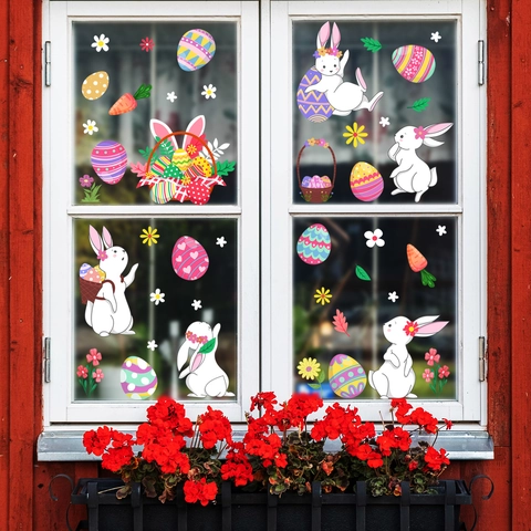 Pegatinas Estáticas de Ventana de Pascua Conejo y Huevos Dibujos Animados Pegatinas para Puerta de Vidrio Decoración de Hogar