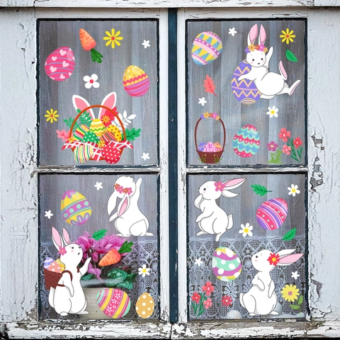 Pegatinas Estáticas de Ventana de Pascua Conejo y Huevos Dibujos Animados Pegatinas para Puerta de Vidrio Decoración de Hogar