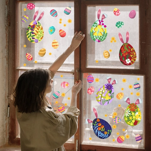 Stickers Fenetre Paques Electrostatique Oeufs Oreilles Lapin Fleurs PVC Amovible Decoration Vacances