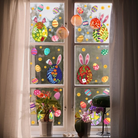 Stickers Fenetre Paques Electrostatique Oeufs Oreilles Lapin Fleurs PVC Amovible Decoration Vacances